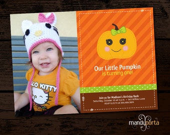 Pequeña caída calabaza Halloween cumpleaños imprimible Digital DIY fiesta invitación con foto personalizado, lindo, LaLaLoopsy inspirado