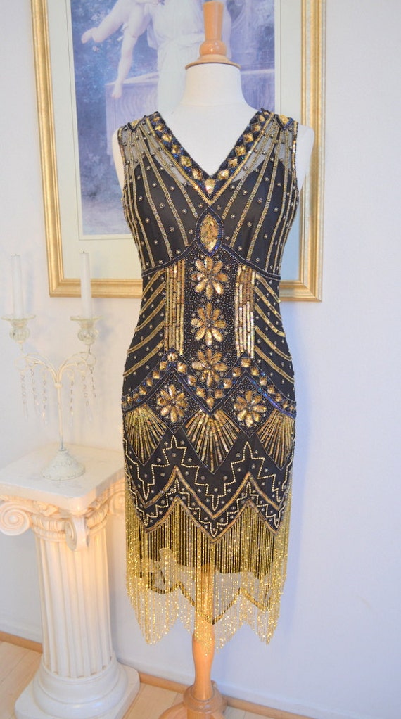 1920s Style Black Gold Beaded STARLIGHT Flapper Dress-S m l