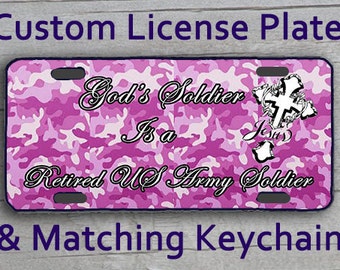 Custom Monogrammed Personalized License Plate + Matching Key Chain. Retired Army inspired Purple Camo Jesus Vanity Customized Car Tag #2540