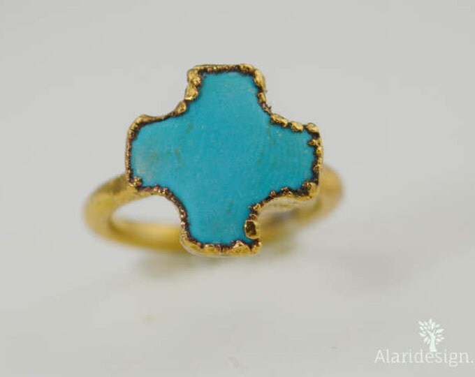Turquoise Cross Gold Ring, Gemstone Cross, Christian Ring, Cross Jewelry, Gemstone Cross Ring, Cross Ring, Electroformed Ring