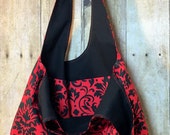 Hobo Tote Bag Red and Black Damask Handmade