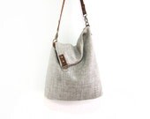 Convertible Foldover Shoulder bag/ Genuine leather bag/ Beige linen bag/ Brown women tote bag/ leather diaper bag/ handmade women's handbag