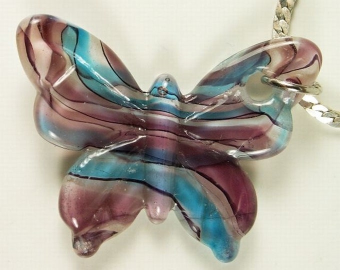 Storewide 25% Off SALE Gorgeous Vintage Murano Glass Large Purple Colored Butterfly Pendant on a Lovely Silver Toned Chain