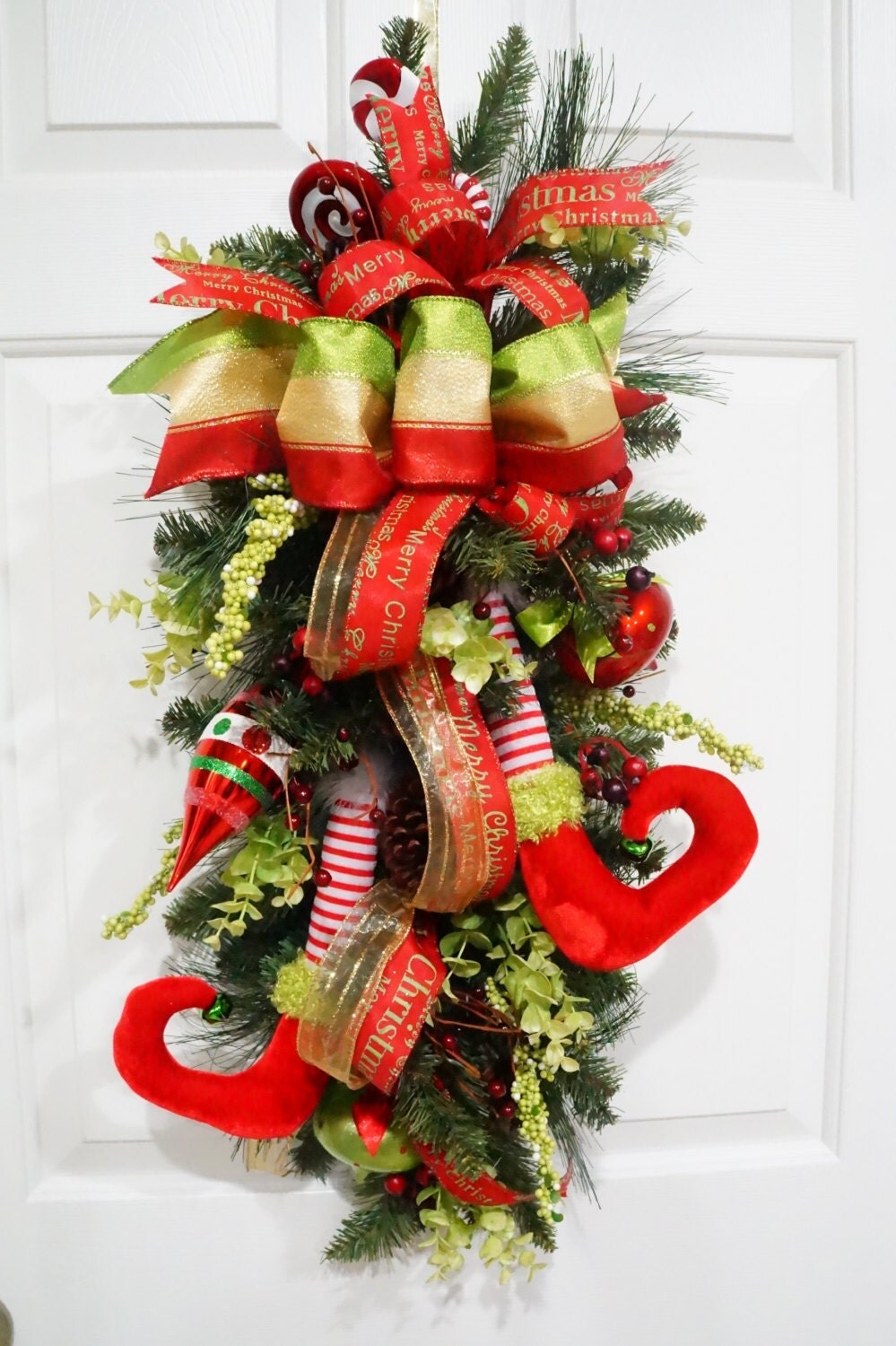 Christmas Swag-Elf Swag-Christmas wreath-Whimsical Elf-Merry Christmas Bow-Holiday Swag