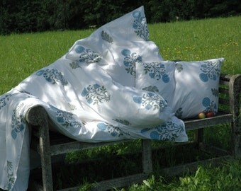 Light Blue and White Floral Block Printed Cotton Duvet Cover