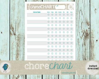 PRINTABLE/Editable Chore Chart: Blank Editable Chore Chart, fill in name & chores - INSTANT DOWNLOAD