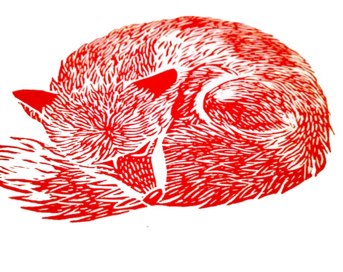 Red Fox Sleeping Original Linocut Block Letterpress Hand Pulled Print Animals
