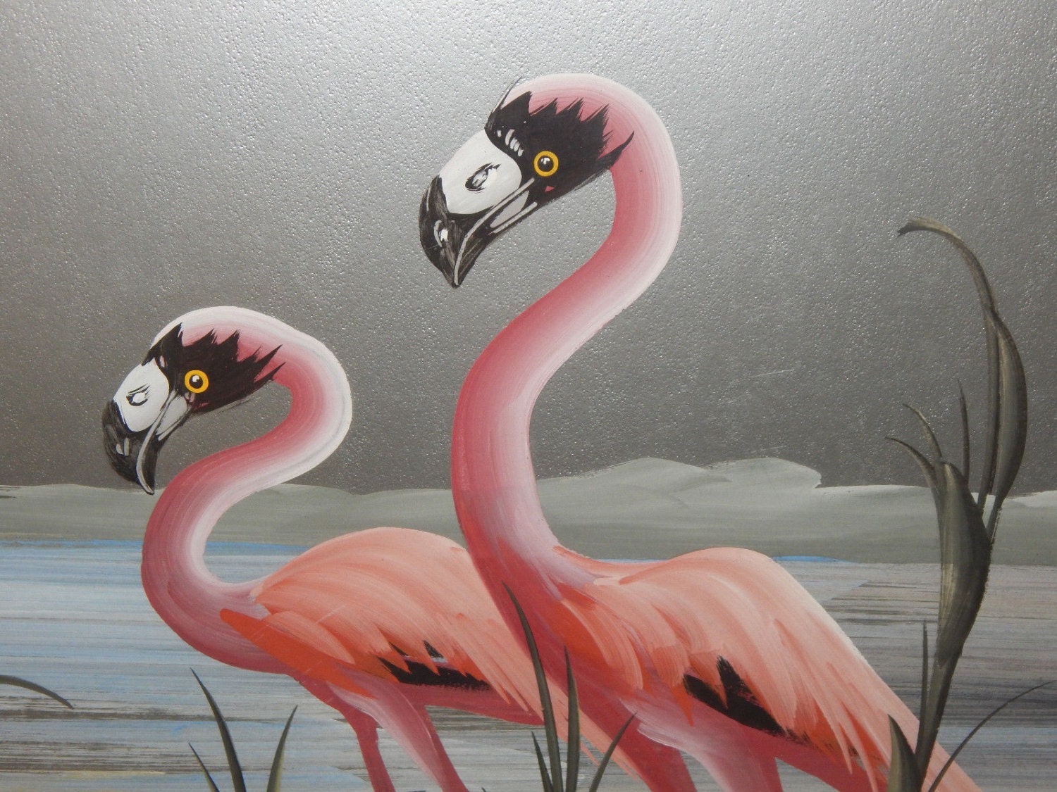 Art Deco Pink Flamingo M. Devoe Painting Mid Century Tropical