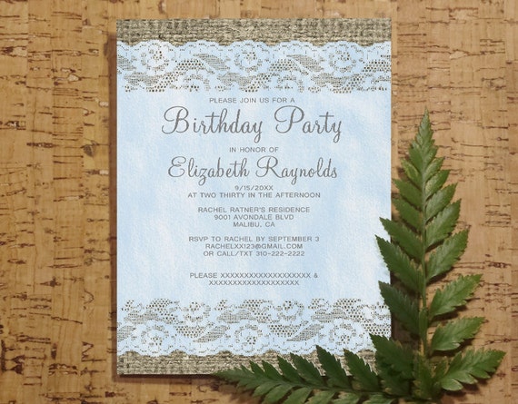 Blue Rustic Lace Birthday Invitation Template by InvitationSnob
