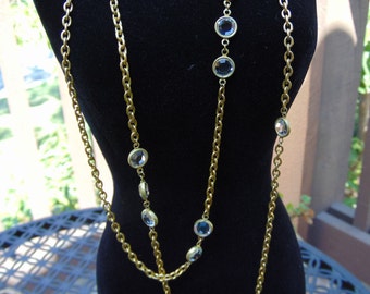SPECTACULAR! Long Brass Necklace with Bezel Set Swarovski Crystals - Take a look
