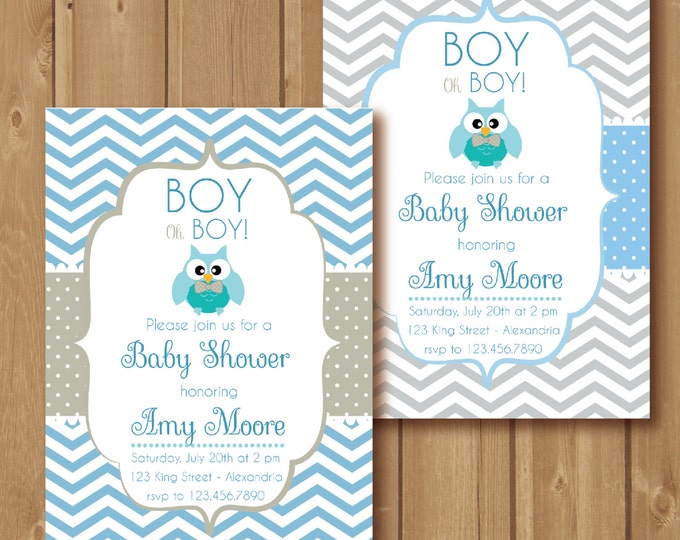 Baby Shower Invitation. Baby boy. Chevron style with cute owl. Printable