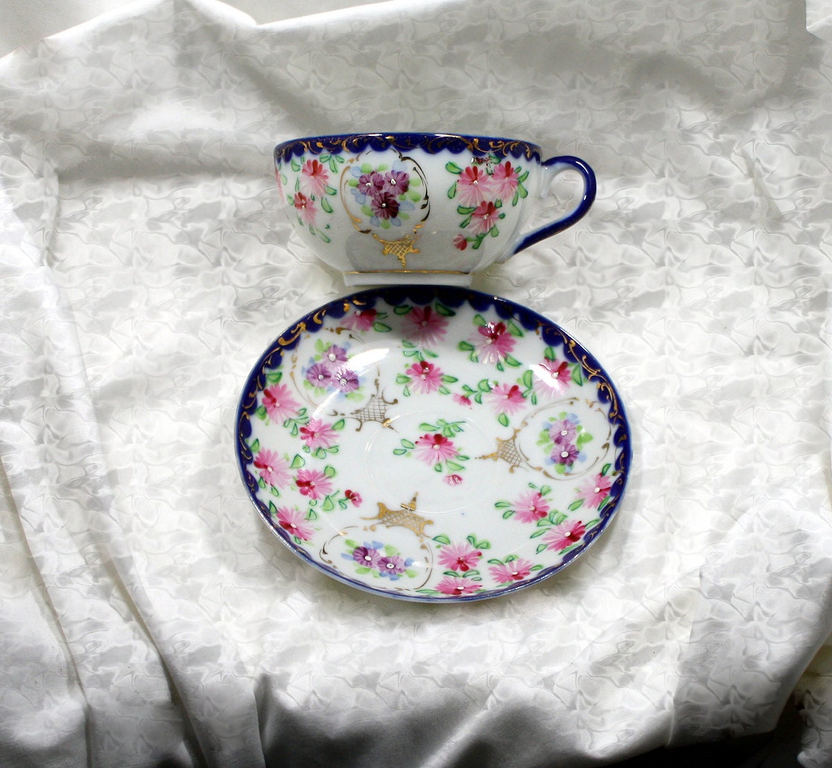 Nippon Cobalt Blue Fine China Hand Painted Tea Cup & Saucer