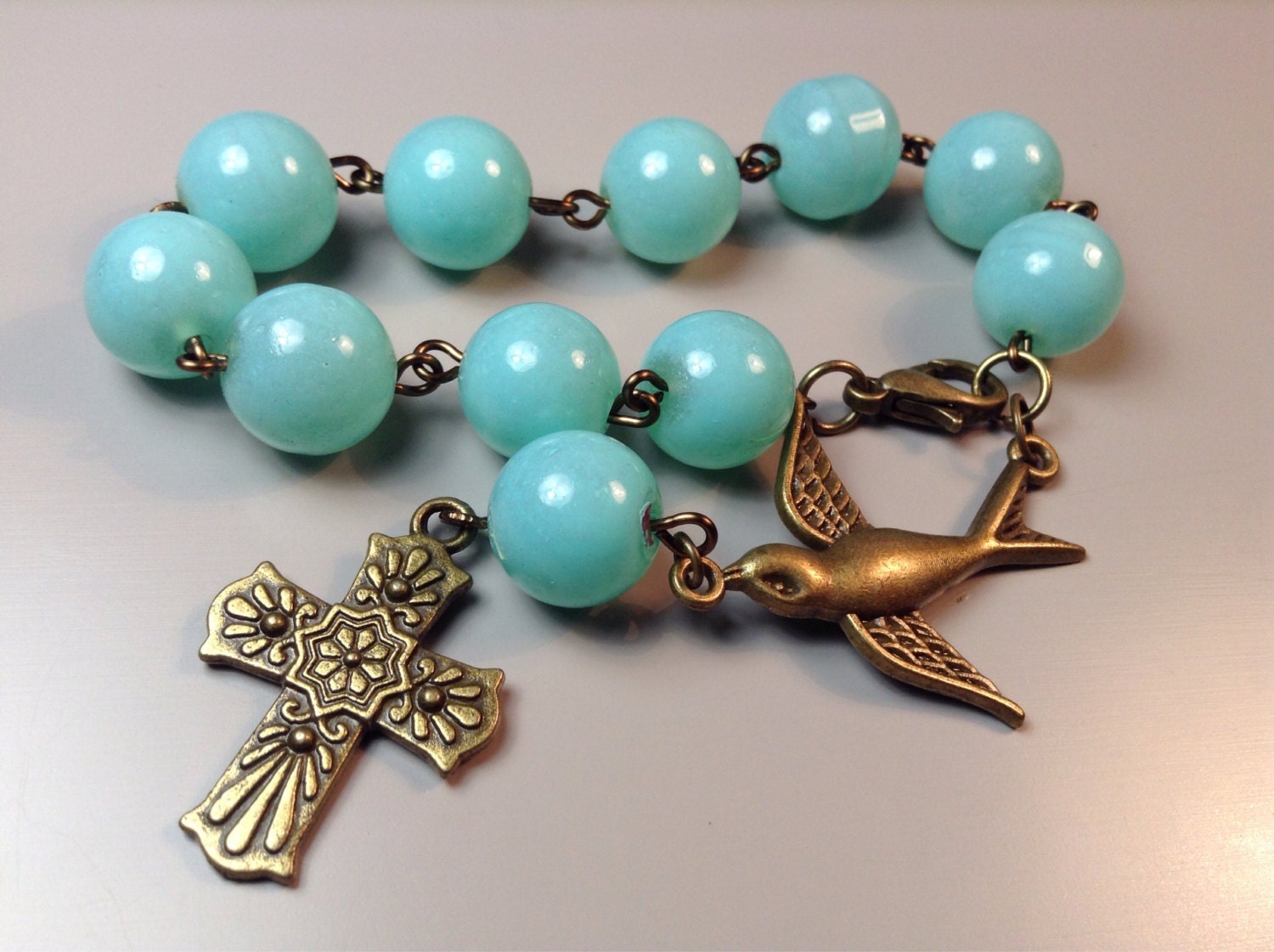 Prayer beads catholic rosary travel prayer beads Aqua glass