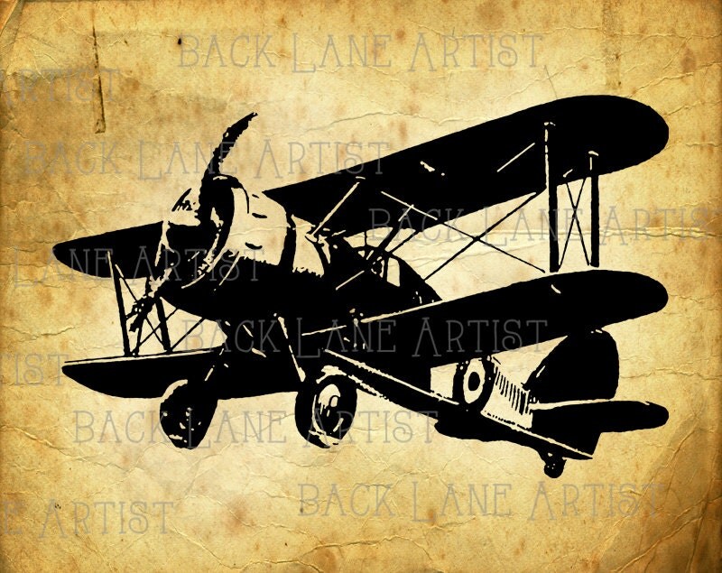 Vintage Biplane Airplane Clipart Lineart Illustration Instant Download