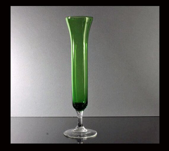 Green Hand Blown Glass Bud Vase With Clear Glass Foot and Stem