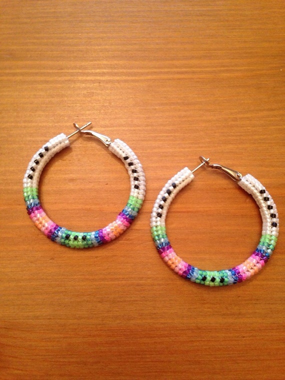 Native American Beaded Hoop Earrings- 2 Inch -herringbone Stitch.