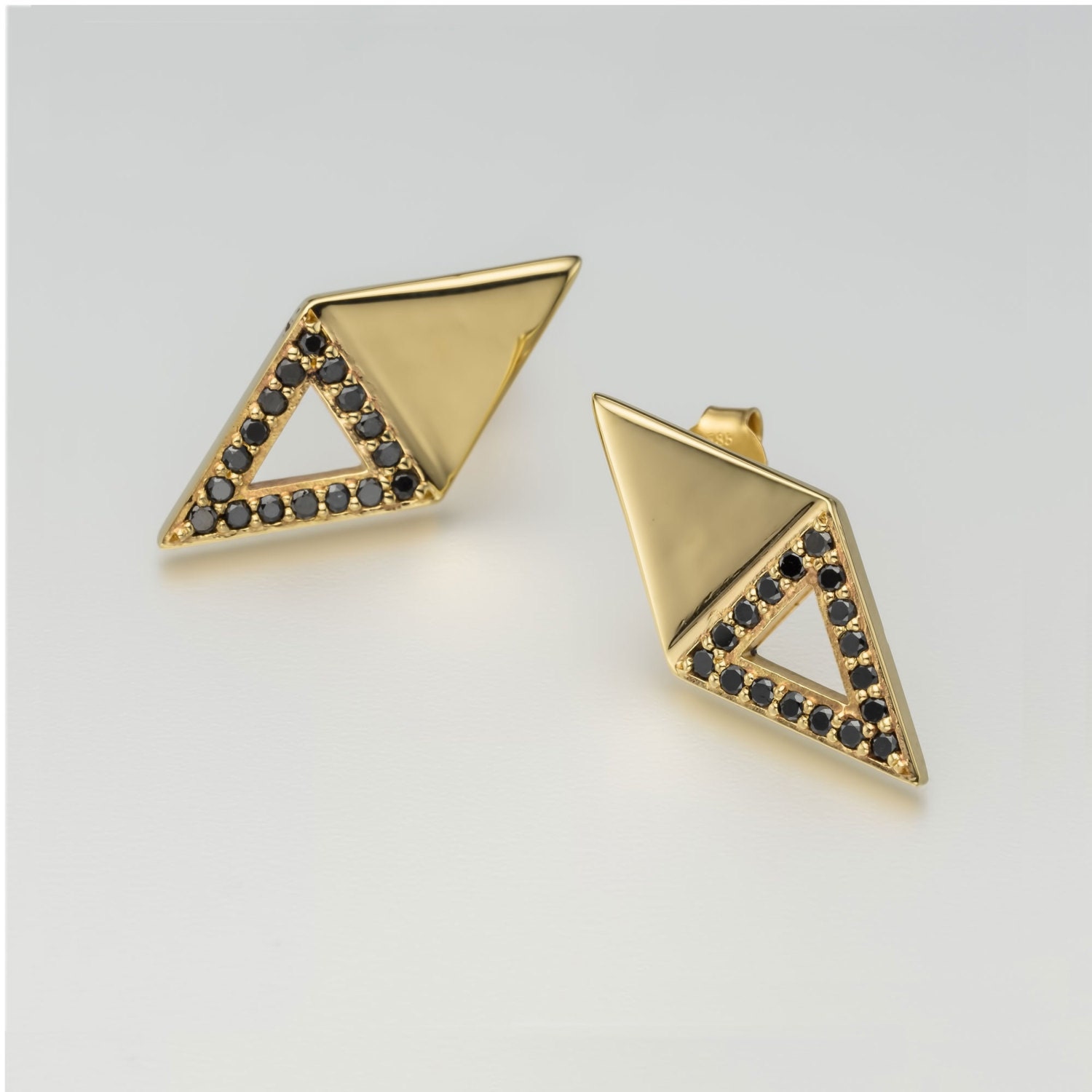 Triangle earringsblack diamond earring stud14k gold solid
