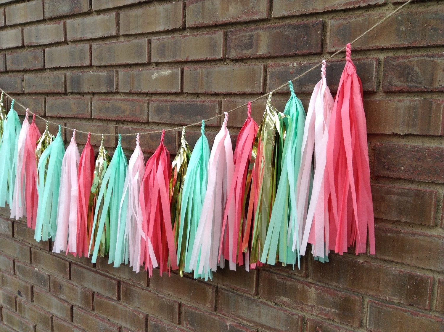 Mint pink and gold tissue paper tassel garland
