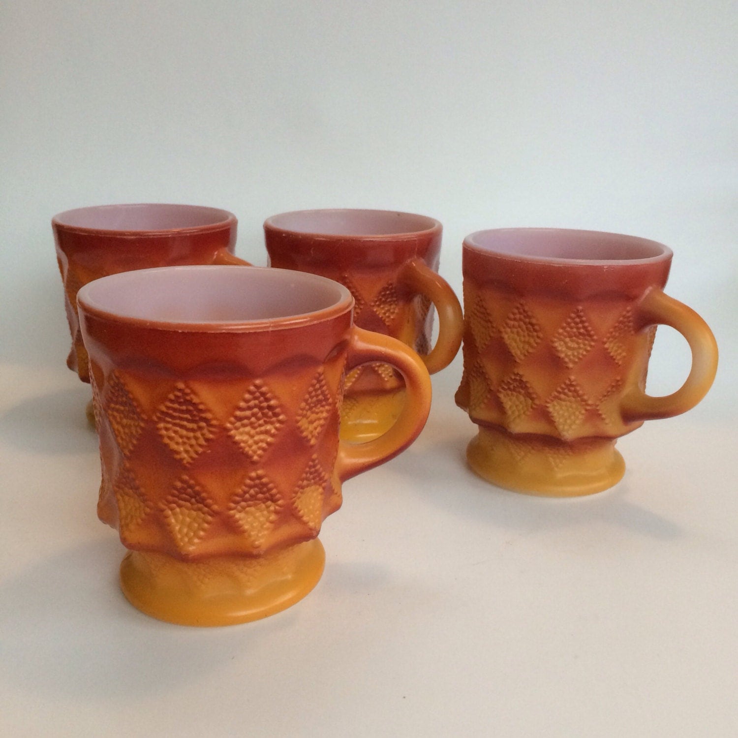 Two Pairs of Vintage Orange Fireking Mugs Kimberly Diamond Pattern Coffee Cups Haute Juice