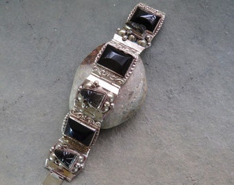 Vintage Southwest Sterling Silver and Onyx Taxco Bracelet Tribal Mexico