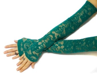 Extra long lace green gloves, belly dance costume gloves, lace party gloves, lace fingerless gloves, fantasy gloves, free shipping