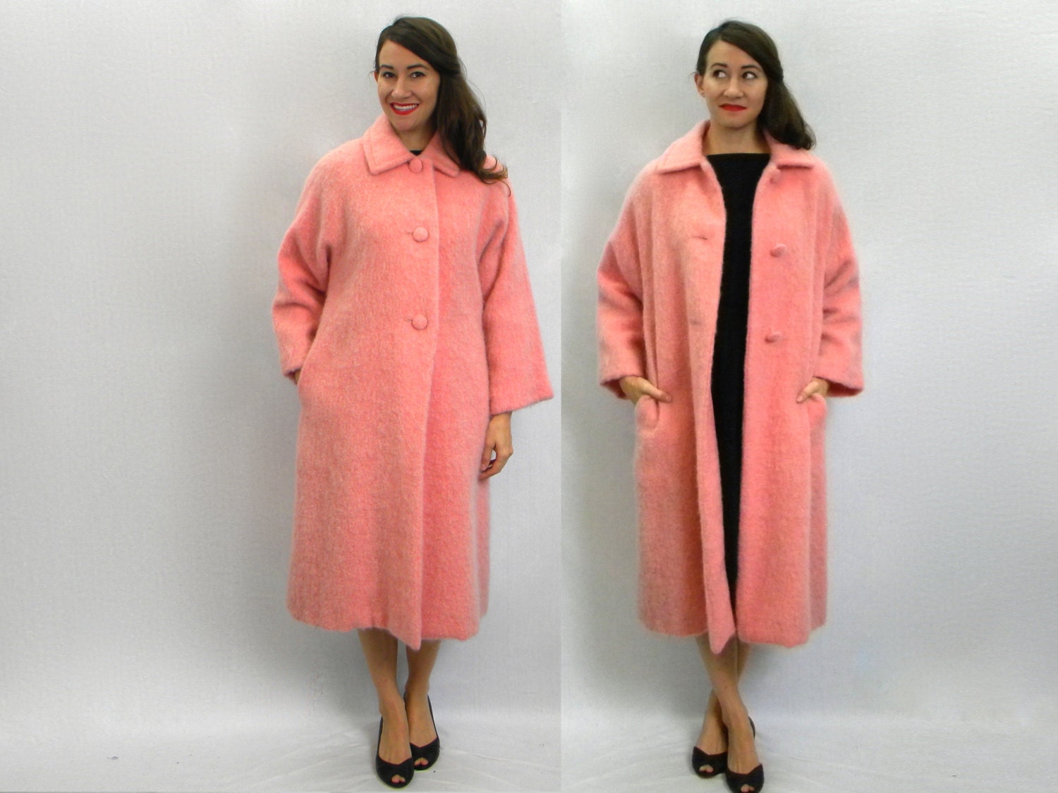 Vintage 60s Bubblegum Pink Mohair Coat Long Winter Coat, Medium Haute