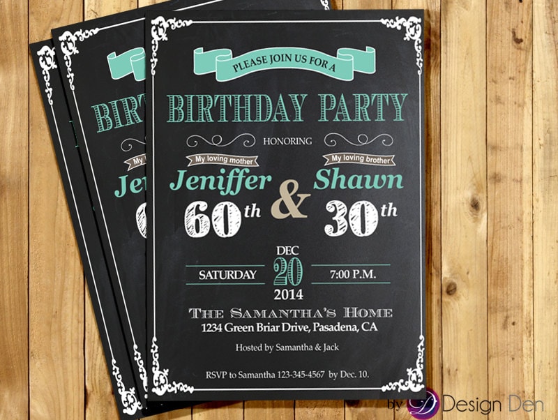 Adult Joint Birthday Invitation. Chalkboard. White and Teal