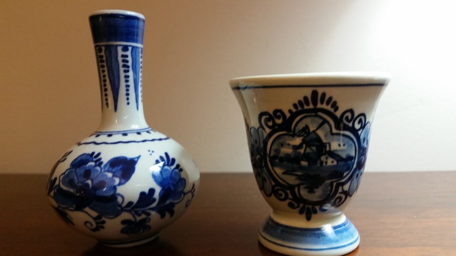 Vintage Miniature Holland Blue Delft Hand Painted Vases Set