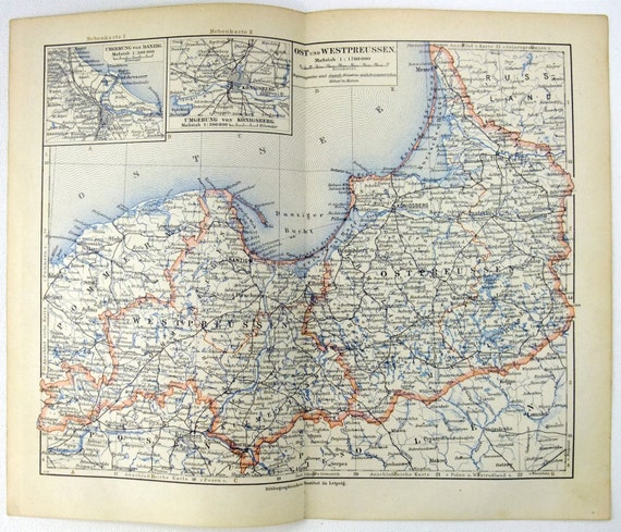 Original 1900 Map of East & West Prussia Germany by Meyer.