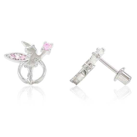 18k White Gold Filled Fairy Tinkerbell Pink Crystals Screw Back ...