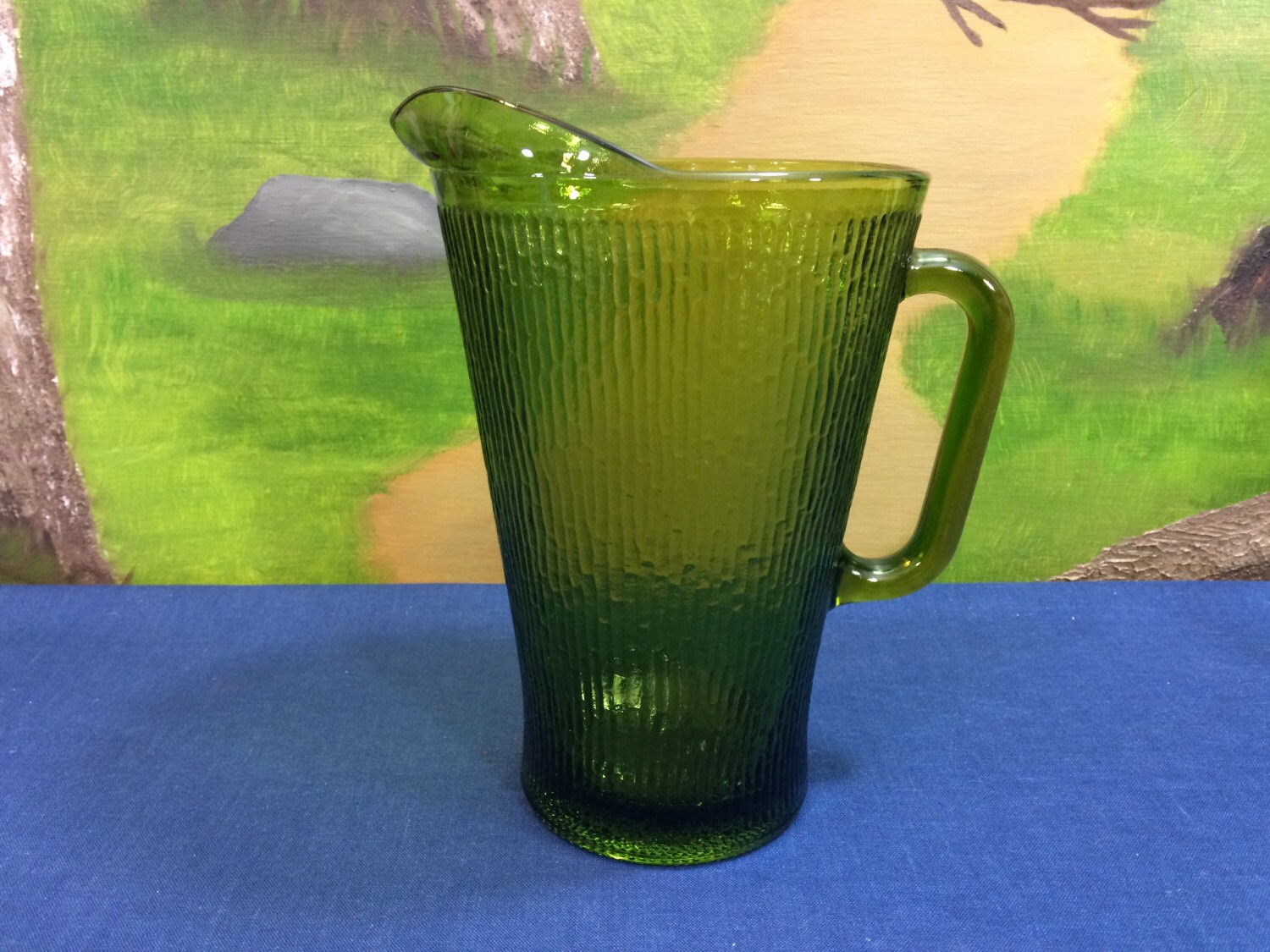 Vintage And Rare Green Glass Pitcher With by AdoptAKeepsake