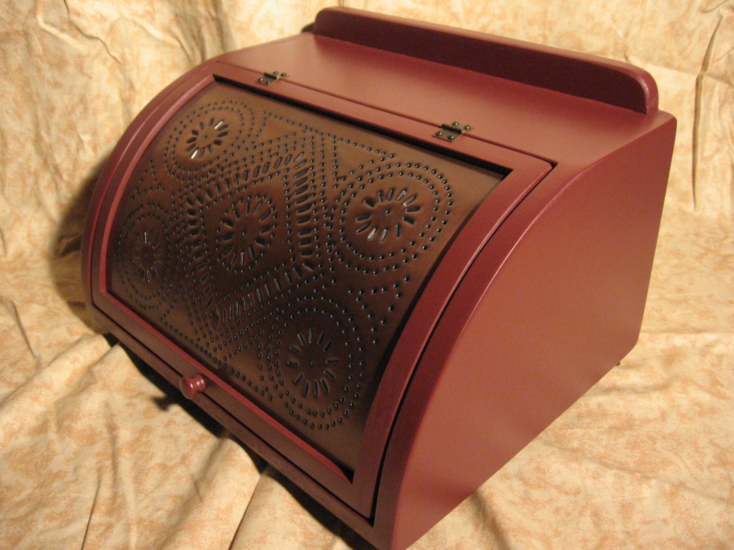 Antique breadbox colonial red copper punched diamond bread
