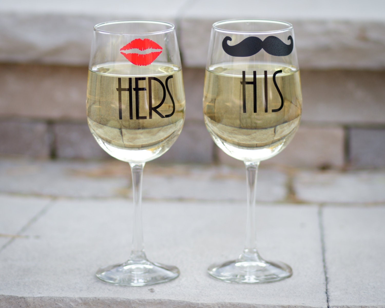 His and Hers wine glass 2 with lips and mustache. Just