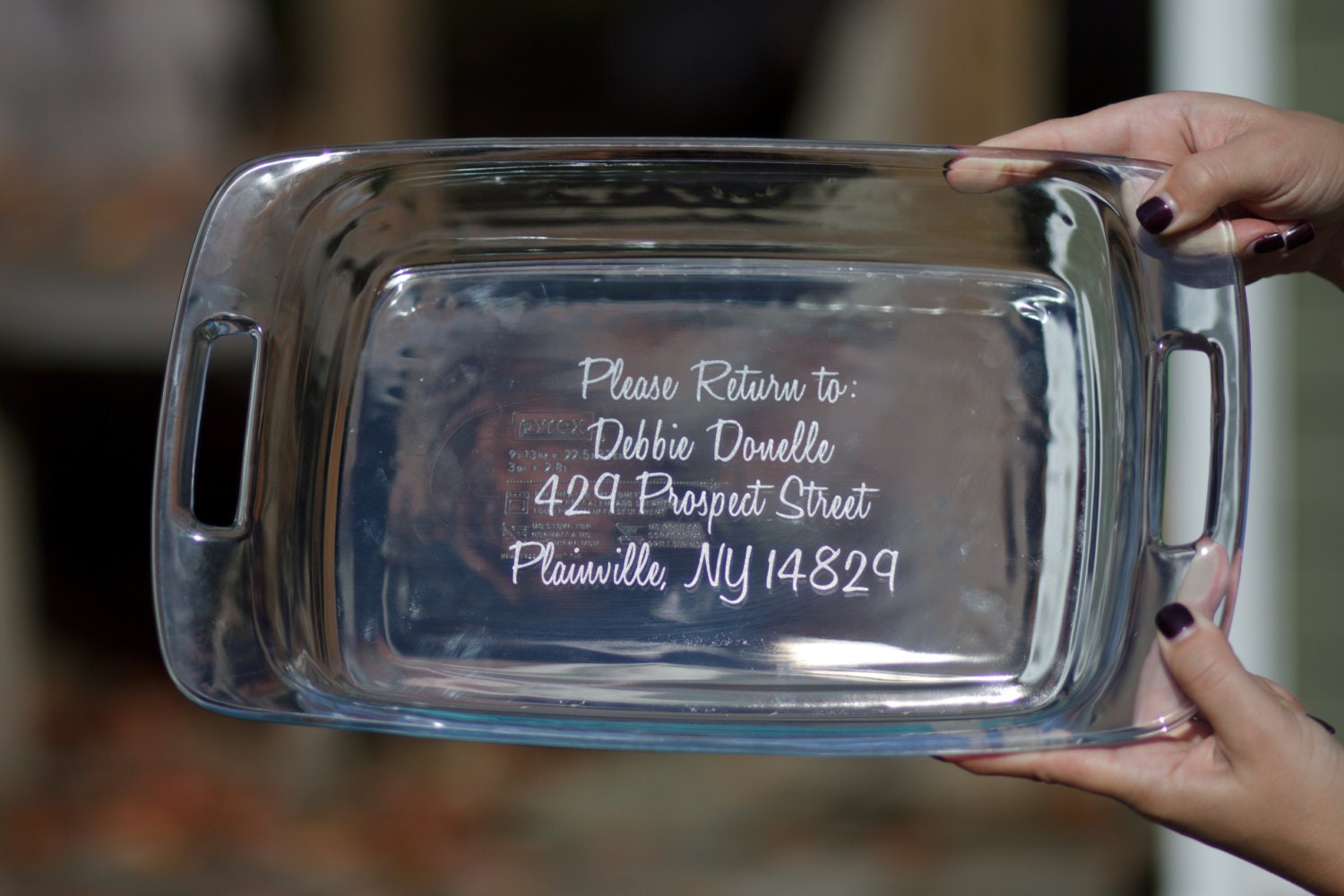 Personalized casserole dish Etched with return address name