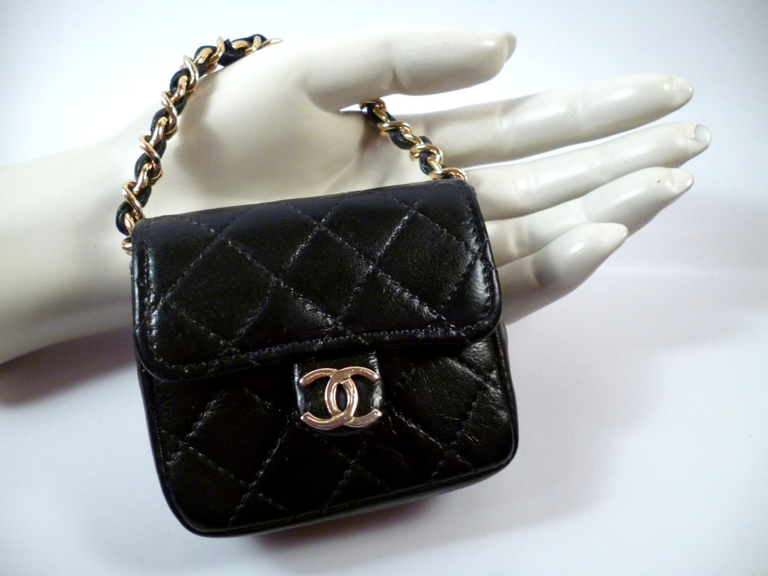 CHANEL * Vintage black quilted leather mini bag charm Haute Juice