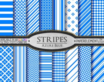 Azure Blue Digital Paper: Azure Stripes, Azure Paper, Printable Azure Geometric, Blue Azure Scrapbook Paper, Azure Background Digital Pages