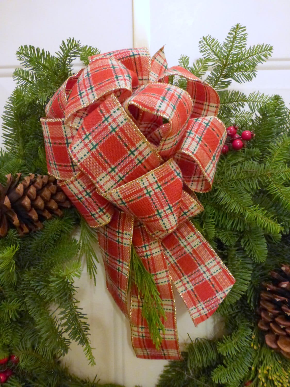 Red plaid wool-like ribbon for Christmas wreaths