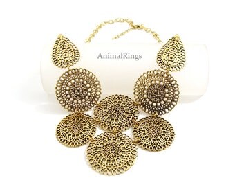 Bib Necklace, Gold Statement Necklace, Gold Tribal Necklace, Big Chunky Statement Necklace, Gold Vintage Necklace, Gold Antique Necklace