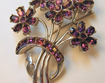 Purple rhinestone flower bouquet brooch