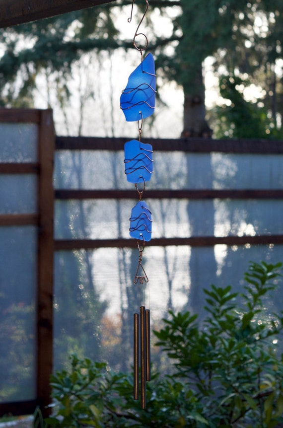 Cobalt Blue Glass Wind Chime Copper Sea Glass Beach By Coastchimes