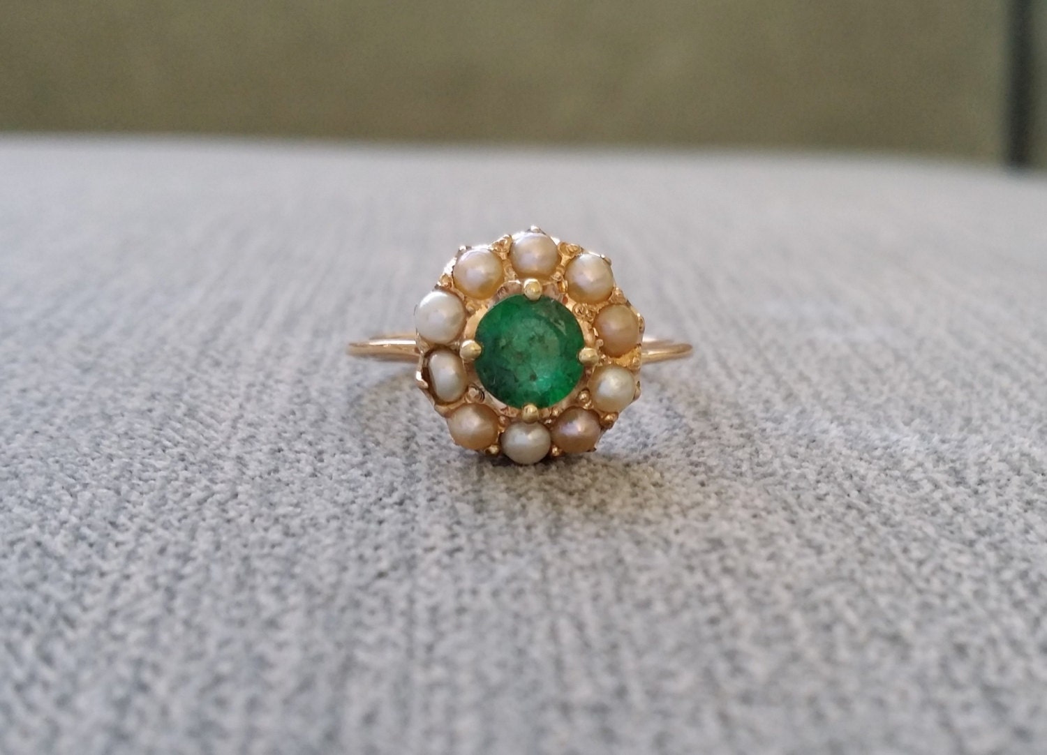 Antique Seed Pearl and Emerald Engagement Ring Rose Gold Green