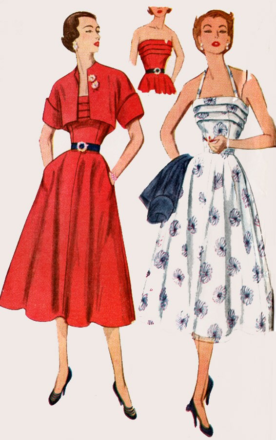 1950s Bare Shouldered Dress & Bolero w/ Wide Flare Cuffs