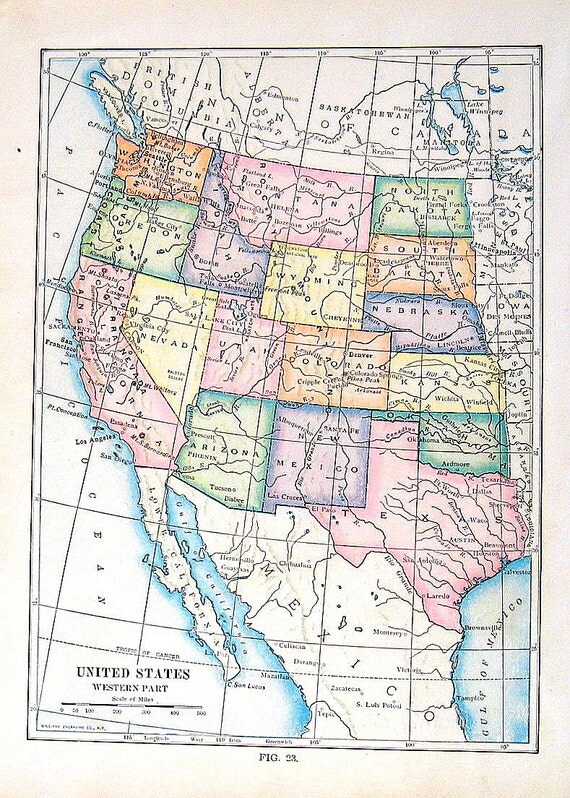 Small Antique Map US State Map United States Western