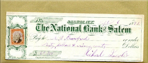 1872 Old Bank Check from The National Bank of Salem N.Y. and