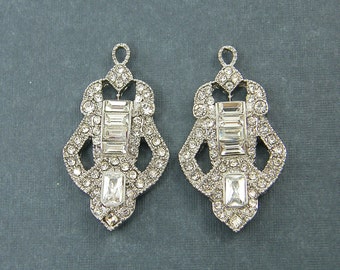 Art Deco Bridal Earring Findings Antique Silver Baguette Clear Rhinestone Studded Wedding Jewelry Supply |S9-13|2