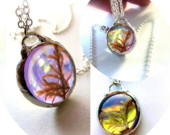 Terrarium Necklace Botanical Jewelry Woodland Fairy Mirrored Dichroic Glass Background Real Moss Necklace Miniature Terrarium Jewelry