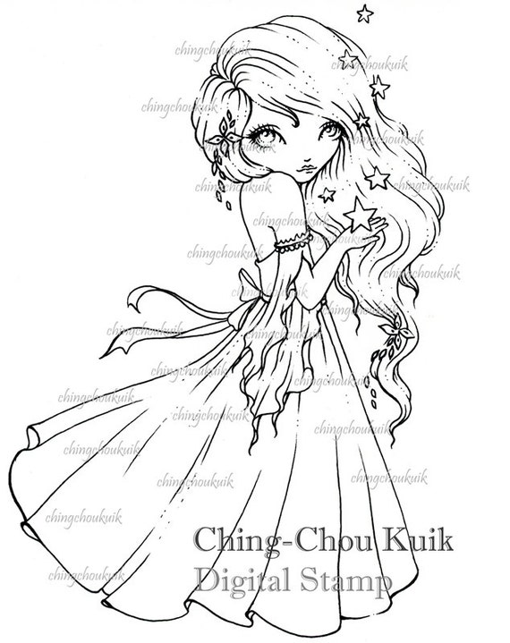 Wishing Stars - Digital Stamp Instant Download / Wish Falling Star Lil Sweetie Mia by Ching-Chou Kuik