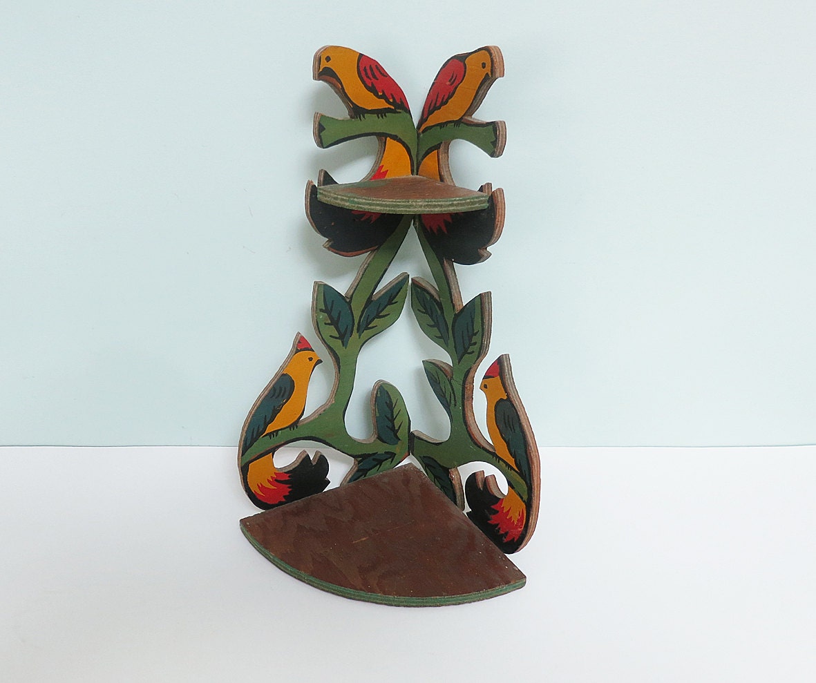 Folk Art Tabletop Corner Shelf with Painted Tropical by Tparty