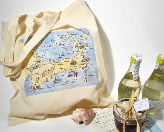 Custom Cape Cod watercolor map tote bags - set of 10 or more