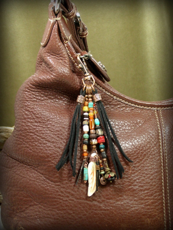 Tribal Purse Clip Keychain Tassel Beaded Zipper Pull Clip